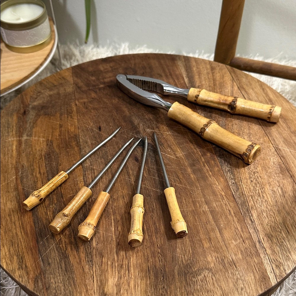 Vintage MCM Style Stainless Steel Bamboo Wood Nutcracker & 5 Picks Retro Barware